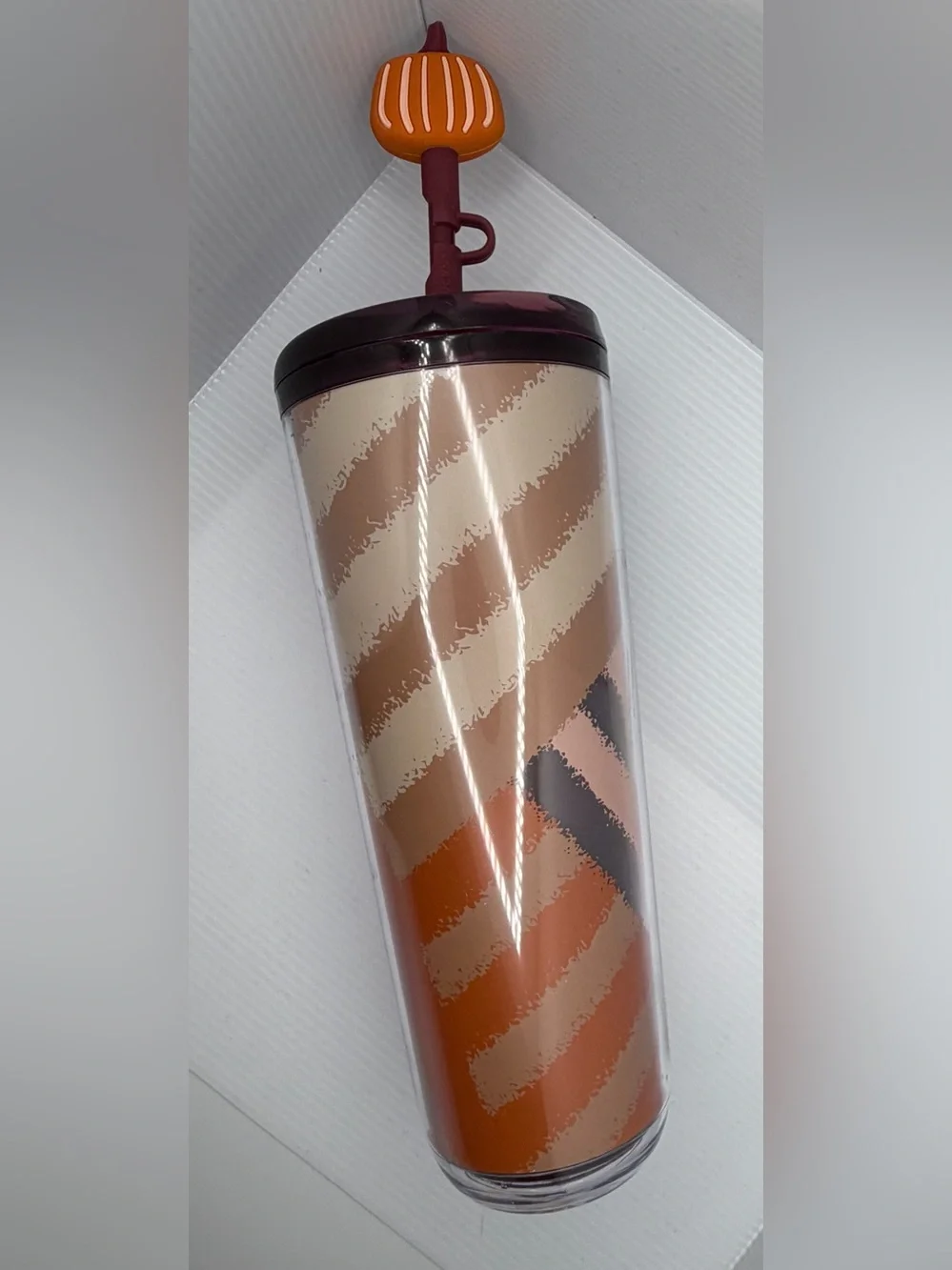 Starbucks Diagonal Striped Tumbler - Brown, Cream & Orange With Pumpkin Topper